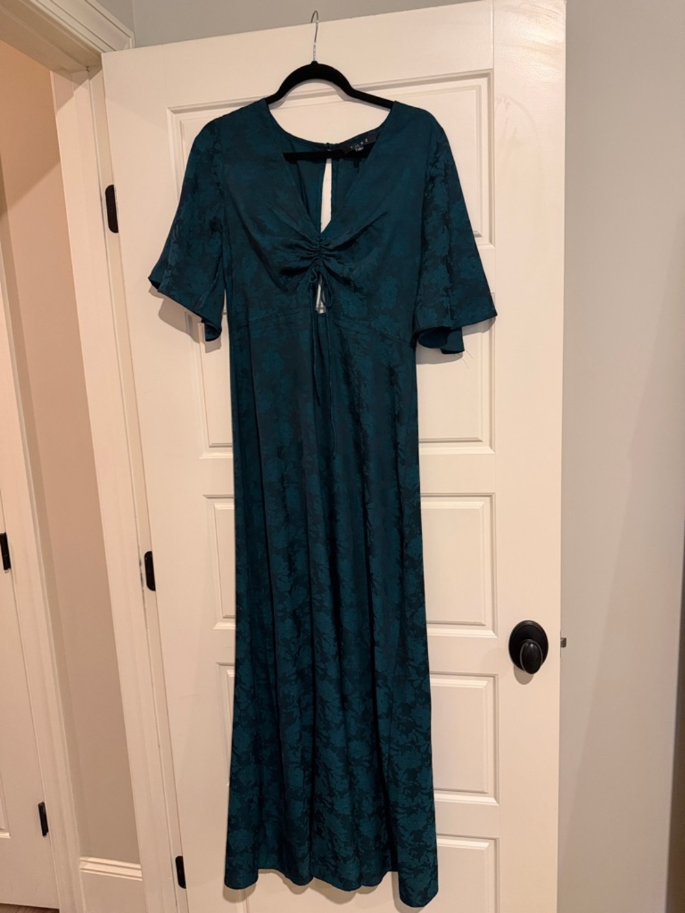 Fore Teal Floral Jacquard Maxi Dress with Twist Front